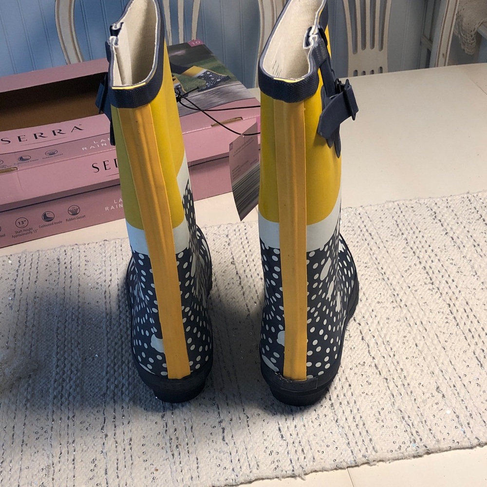 Serra Yellow & Navy blue Polka Dot Ladies' Rain rubber Boots - Picture 5 of 14